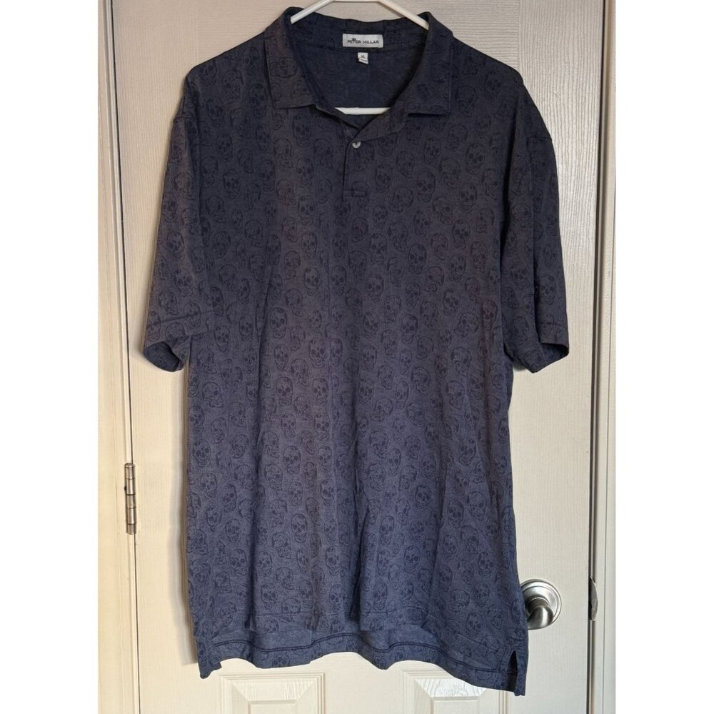 Peter Millar Skull Print AOP Men's Polo Shirt in Blue Size XL Lightweight pb1‎